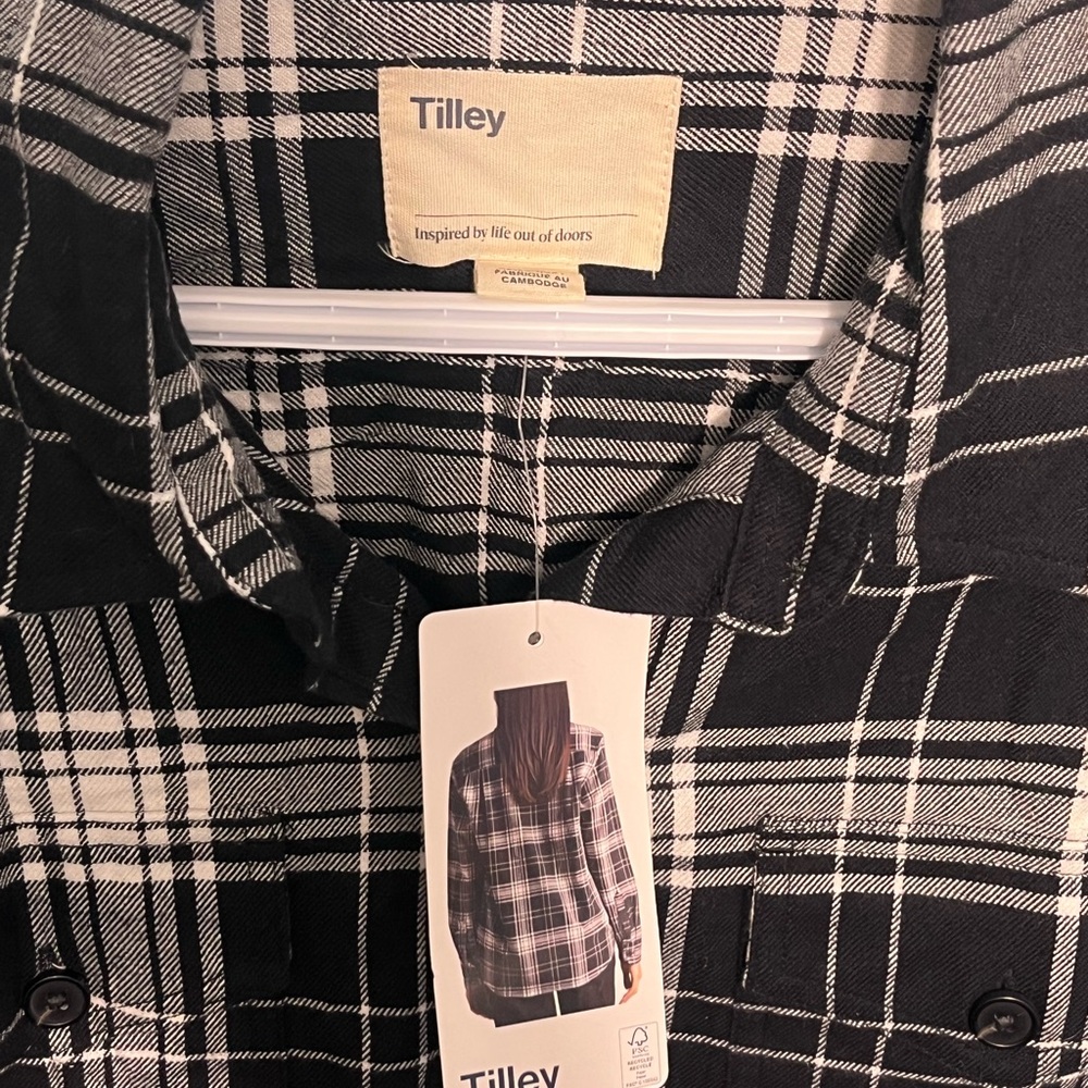 Tilley Black and White Plaid Button Up Jacket/Shirt Flannel NEW with tags Size L - Picture 3 of 7
